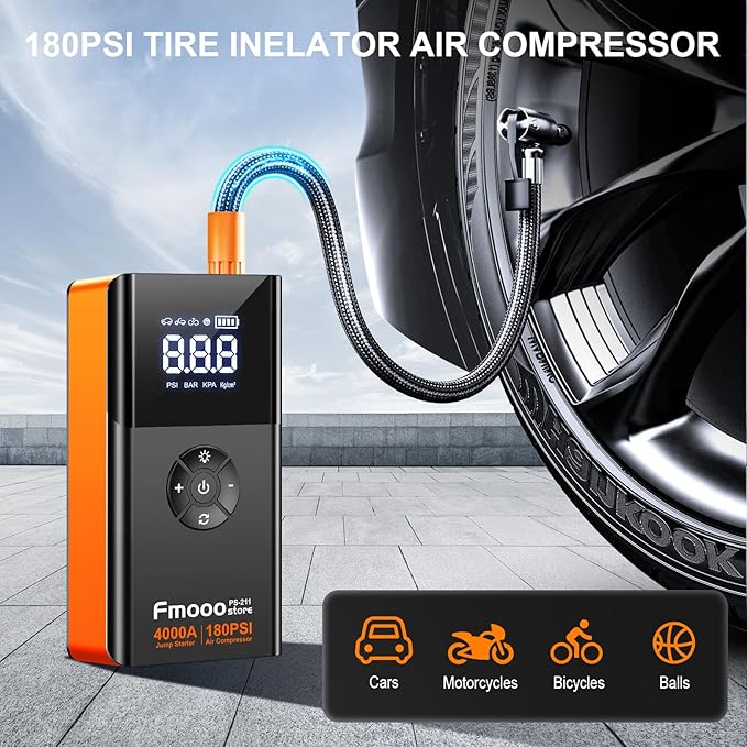 Jump Starter with Air Compressor, 4000A 180PSI, Portable Car Battery Jump Starter (All Gas/12L Diesel) 12V Automobile Jump
