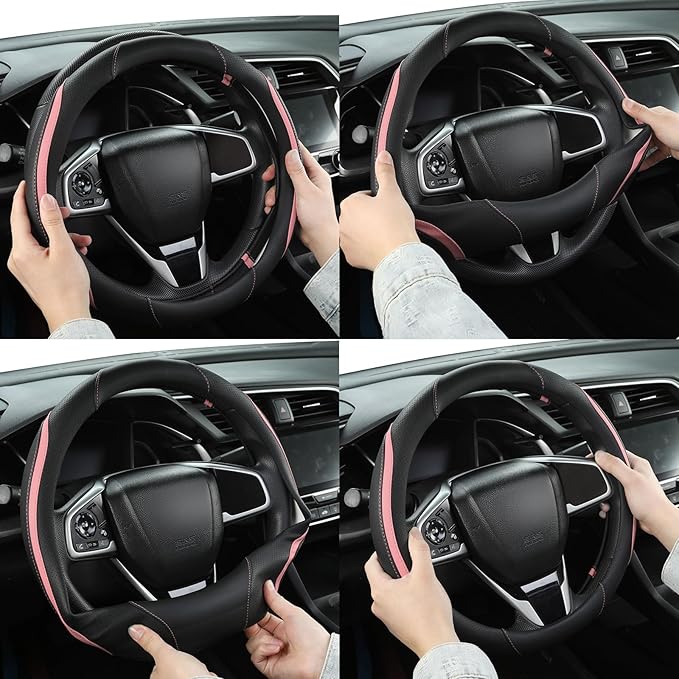 Car Steering Wheel Cover, Leather Steering Wheel Cover Pink Universal 14.5-15 Inch Microfiber Leather Anti-Slip Breathable Au