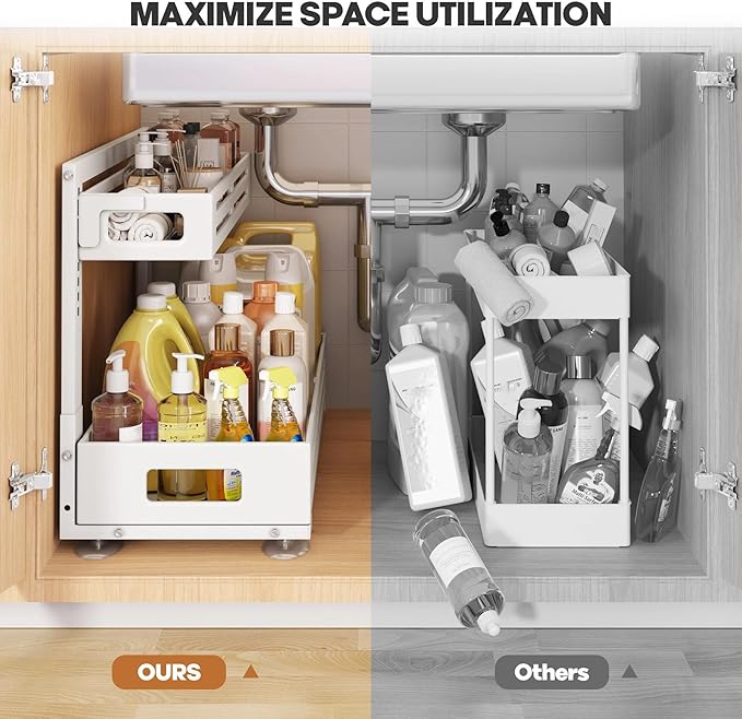 2 Pack 21IN-Depth Under Sink Organizer,Pull Out Cabinet Organizer With Smooth Cylindrical Rail,Metal Slide Out Drawer for Kit