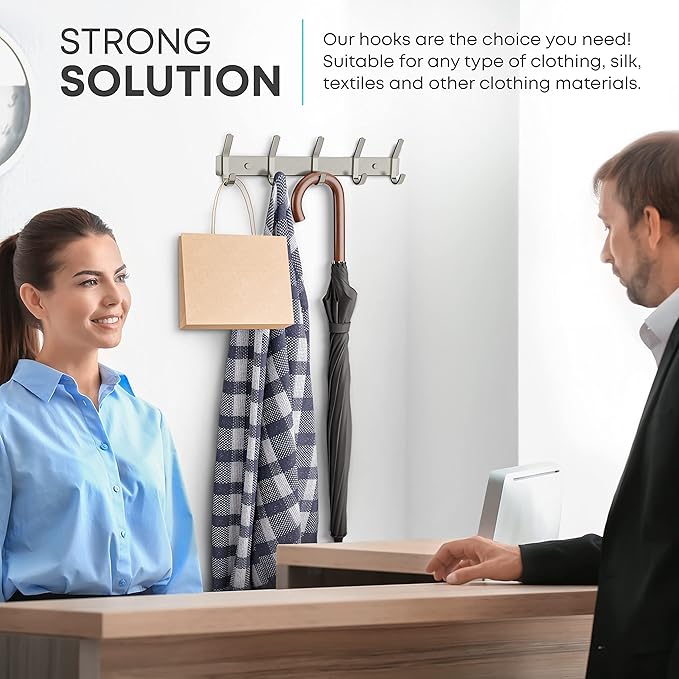 Coat Rack Wall Mount – Brushed Nickel 15 Inch Stainless Steel Hook Rail with 5 Heavy Duty Double Coat Hooks – Wall Mounted Co