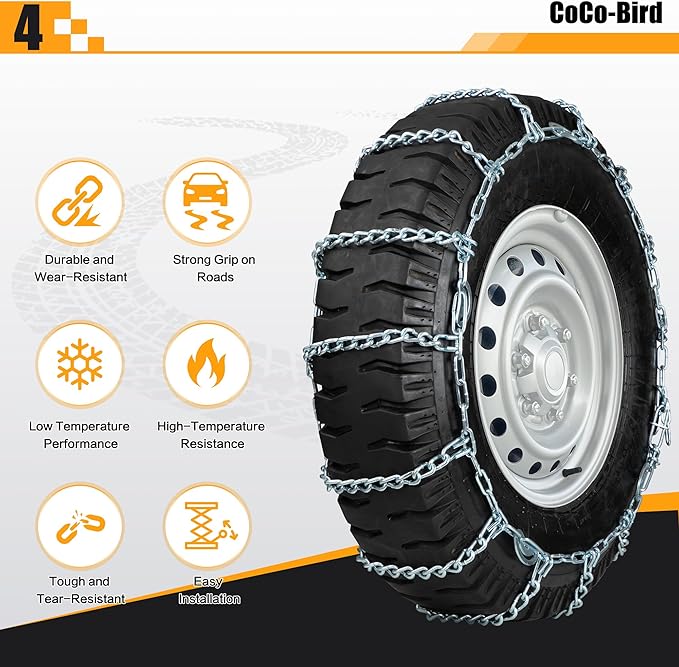 Heavy Duty Snow Chains Tire Chains for Truck & Light Truck, Durable High Carbon Steel Anti-Slip Design, Set of 2 (220295)