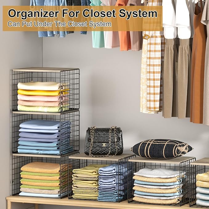 6 Pack Closet Organizers And Storage, Stackable Closet Shelf Organizer Storage Bin Basket For Clothes Sweaters With Top Board