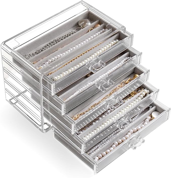 YUFONG Necklace Holder Organizer, Dustproof Necklace Box Velvet Necklace Organizer Box with Lid Clear Acrylic Dustproof Stack