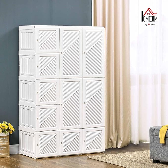 HOMCOM Portable Wardrobe Closet, Folding Clothes Storage Organizer with 8 Cube Compartments, 2 Hanging Rods, 11 Magnet Doors,