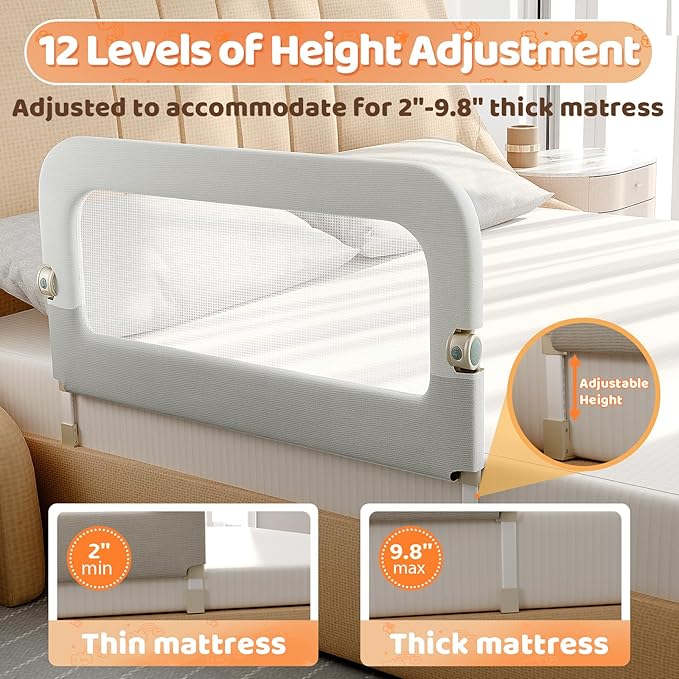 omzer Bed Guard Rail for Toddlers - 32inch Folding up & Adjustable Heights Baby Bed Safety Rails - Portable Toddler Bed Barri