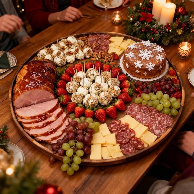 Utoplike Extra Large Acacia Wood Serving Tray, 23.6'' Round Charcuterie board, Cheese board with Rotating Base Raised Edge an