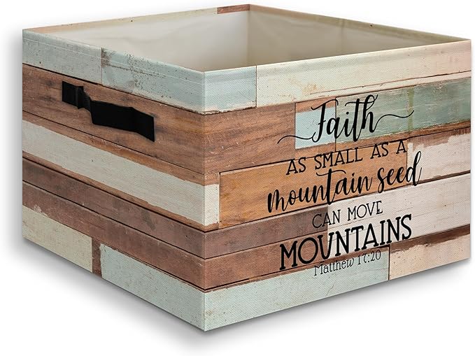Retro Farmhouse Christian Bible Basket Foldable Storage Bins Box with Handles, Matthew 17:20 Bible Verse Religious Collapsibl