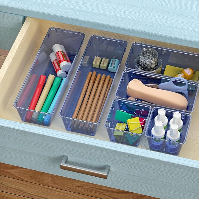 WOWBOX 9 Pack Clear Drawer Organizer Set, Acrylic Drawer Storage Trays, Storage Bins for Makeup, Cosmetics, Jewelries, Utensi