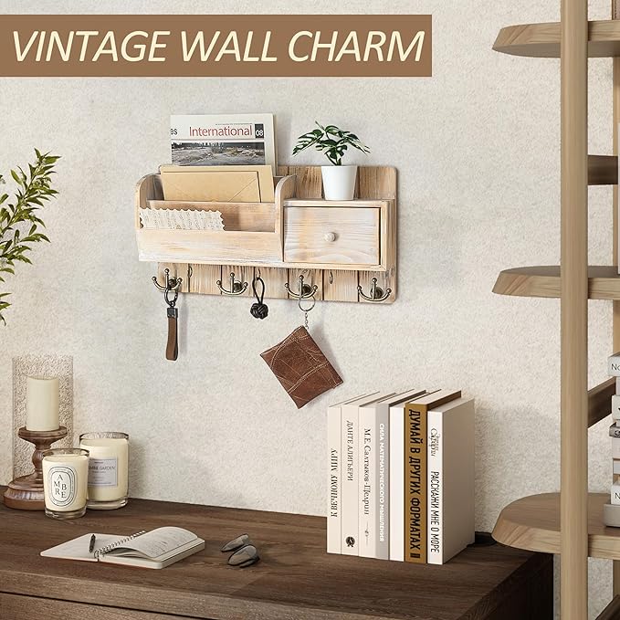 Rebee Vision Pine Wood Key Holder Wall Mount with Mail Sorter - Decorative Entryway Mail Organizer Wall Mounted with Key Hook