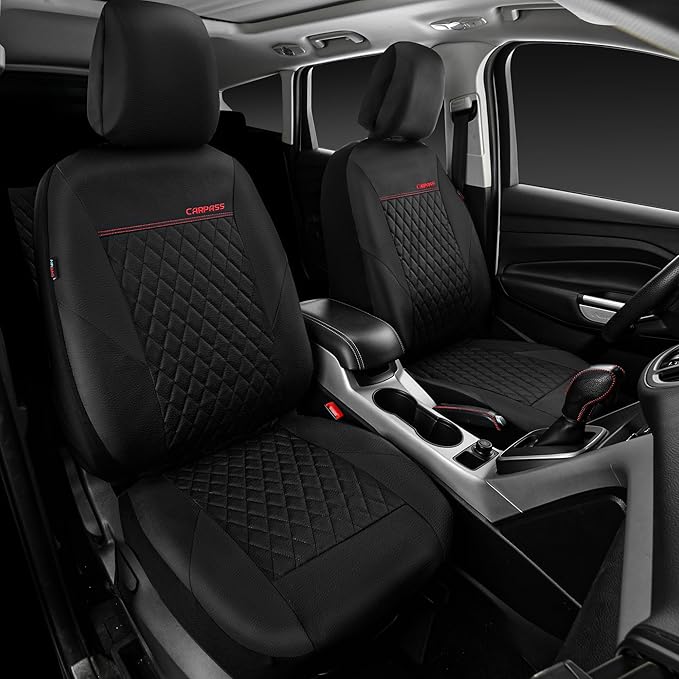 CAR PASS Quilting Leather Seat Cover Two Front Seats Only, Universal Fit Automotive Front Seat Covers Waterproof Deluxe PU Pr