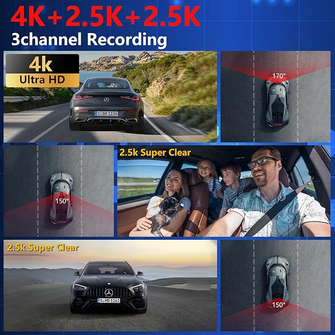 4K+2.5K+2.5K Dash Cam, STARVIS 2 Sensor, Dash Camera 3-Channel, Free 64GB Card, Dashcam with 5G WiFi GPS, G-Sensor,Loop Recor