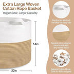 MEGASKET Extra Large Storage Basket, 22” x 22” x 14” Cotton Rope Bins for Storage, Wicker Baby Laundry Basket, Kids, Woven Ki