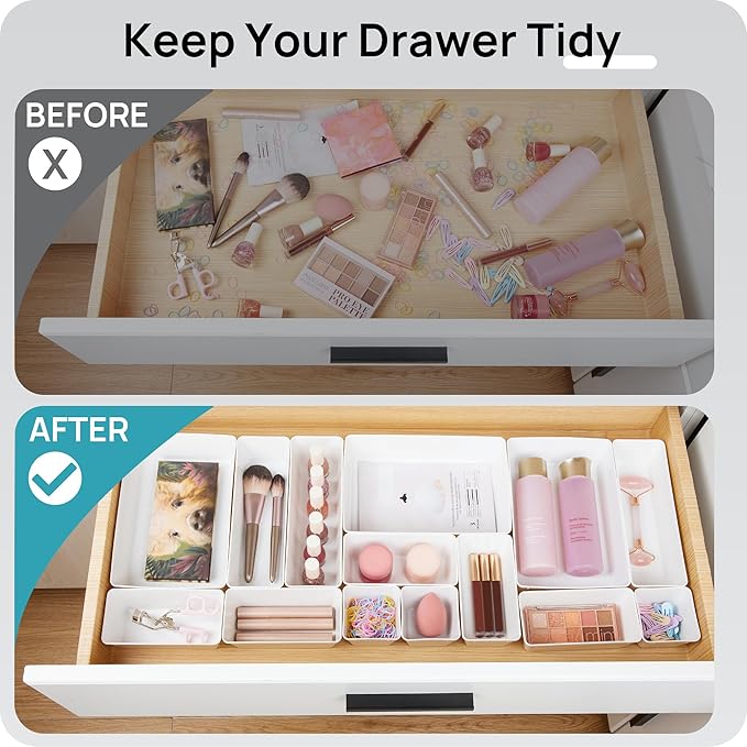 Vtopmart 44 PCS Plastic Drawer Organizers Set, 4-Size Versatile Bathroom and Vanity Organizer Trays, Non-Slip Storage Contain
