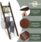 6-Tier Blanket Ladder for Living Room, 5.6FT Pine Wood Quilt Rack with 4 Anti-Slip Straps and 4 Removable Hooks, Lightweight,