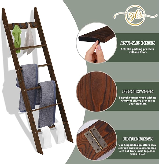 6-Tier Blanket Ladder for Living Room, 5.6FT Pine Wood Quilt Rack with 4 Anti-Slip Straps and 4 Removable Hooks, Lightweight,