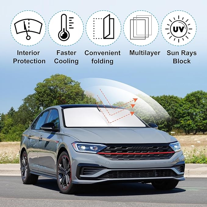 Front Windshield Sun Shade Foldable Car Front Window Sun Shade Windshield Shade Fit for 2019-2024 2025 Volkswagen VW Jetta Block UV Rays Accessories Heat Keep Cooler