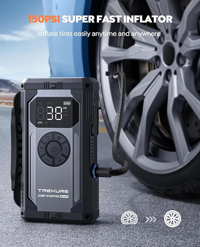 TREKURE 8-in-1 Jump Starter with Air Compressor 6000A 150PSI Portable Car Battery Jump Starter (All Gas/10L Diesel), 12V