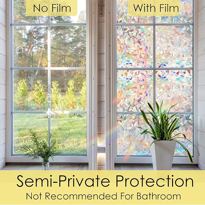 STATINT Privacy Window Film,Decorative Stained Glass Film,Rainbow Static Cling Heat Control Non-Adhesive Window Stickers for Home Door Decals,17.3 Inch X 13.1 Feet