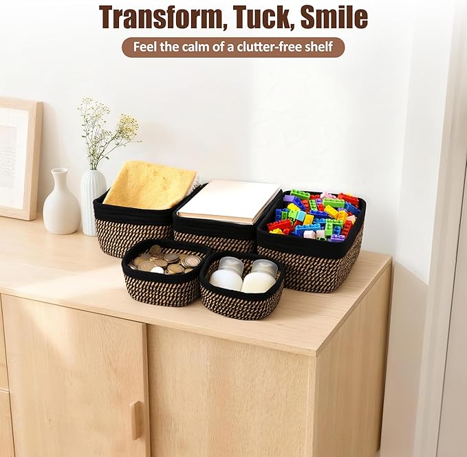 5-Pack Small Woven Rope Storage Baskets – 2 Sizes Organizer Bins for Closet, Shelf, Bookshelf, Nursery, Changing Table, Fabri
