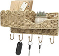 Hook Woven Rattan Key Holder & Mail Organizer, Scalloped Wave Design Decorative Wall Mount for Entryway, Living Room & Hallwa
