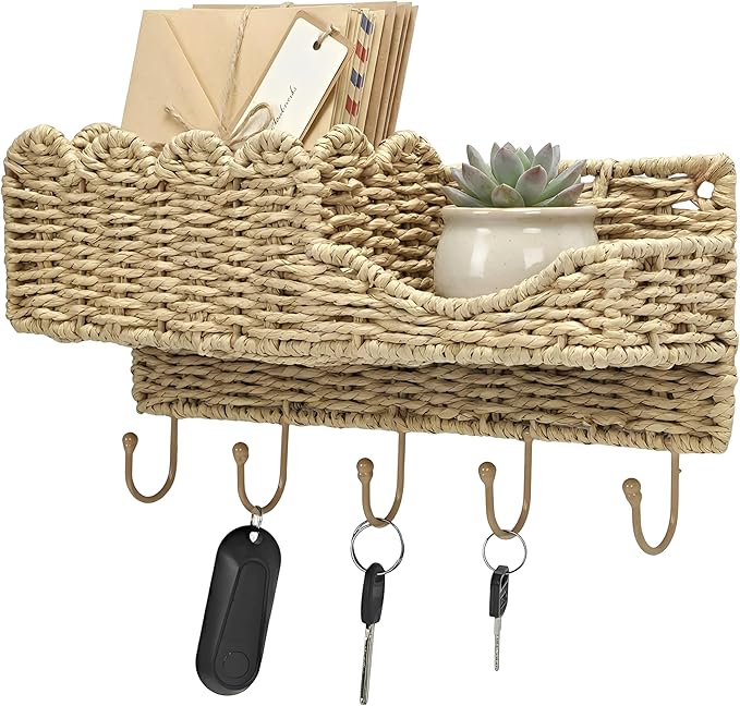 Hook Woven Rattan Key Holder & Mail Organizer, Scalloped Wave Design Decorative Wall Mount for Entryway, Living Room & Hallwa