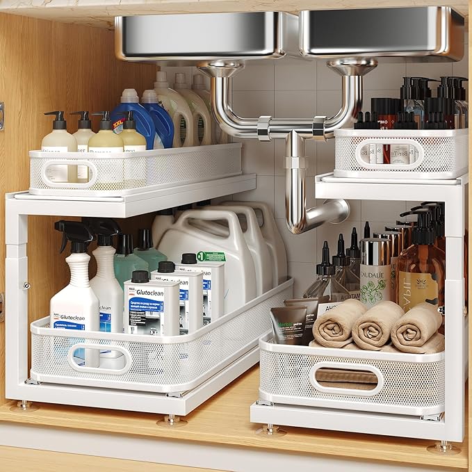 2-Pack 21.3 IN Depth Under Sink Organizer With Next-Gen Ball-Bearing Slides,Sophisticated Mesh 2-Tier Pull Out Shelf for Kitc