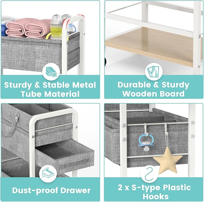 LIDTOP 2In1 Diaper Caddy & 4-Tier Rolling Diaper Cart, Diaper Caddy Organizer Cart with Dividers & Drawer, Mobile Metal Bedsi