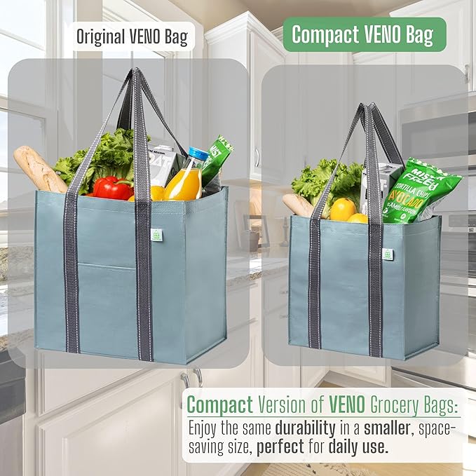 VENO 2-4 Pack Reusable Grocery shopping Bags, Medium Tote Bag w/Handle Hard Bottom, Heavy Duty, Foldable Carrier