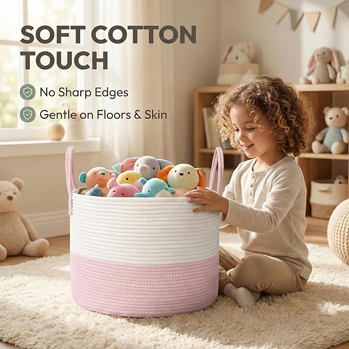 JMvicyroam 115L Extra Large Blanket Basket for Living Room - Woven Cotton Rope Laundry Hamper with Reinforced Handles - Stora