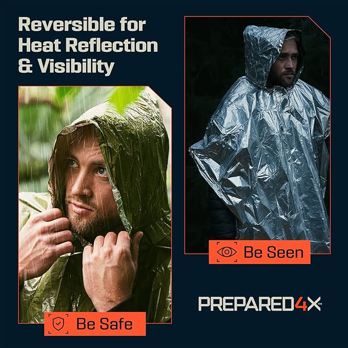 PREPARED4X Emergency Mylar Poncho – Survival Rain Poncho with Hood – Lightweight, Compact, Reusable Emergency Blanket Poncho 