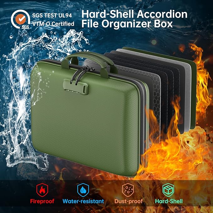 DocSafe Fireproof File Organizer with Lock, Hard-Shell Case Fireproof Document Box with 13 Pocket Accordion File Folder, Port