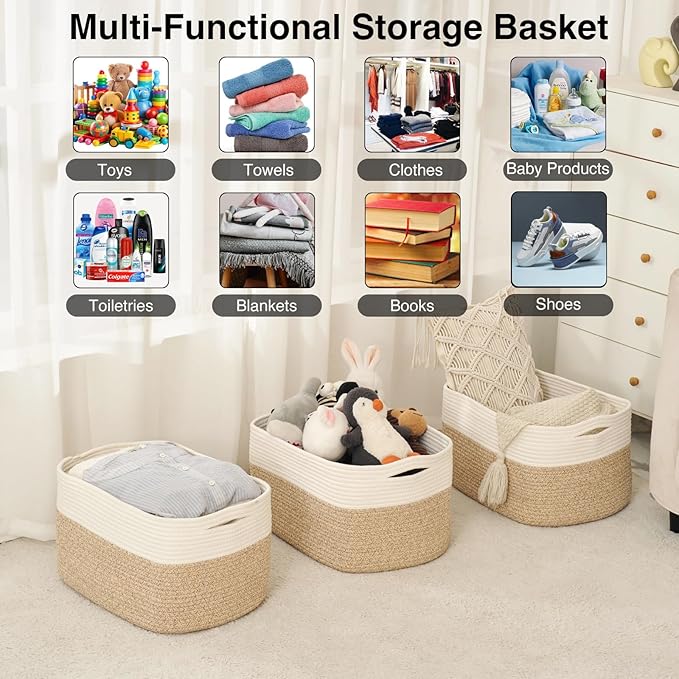 ICERZCZ Large Storage Baskets for Organizing Shelves, Woven Cotton Rope Bins for Baby Nursery Organization, Book Toy Towel Or