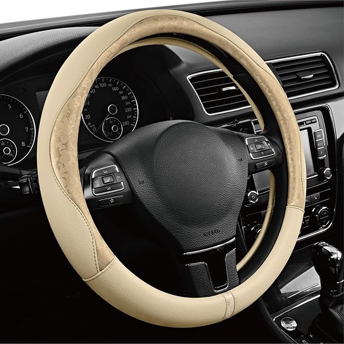 PIC AUTO Steering Wheel Cover, Gold Patterned Leather Patchwork Design, Universal Fit 14.5"–15.5", Anti-Slip, Odor-Free, Soft