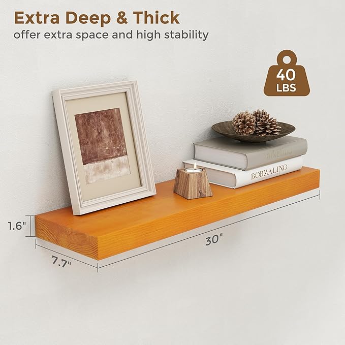 Marsmiles 30 Inch Floating Shelves | Rustic Honey Oak Wall Shelves Set of 2 | 30" W x 7.7" D x 1.6" H Wooden Shelves for Bath