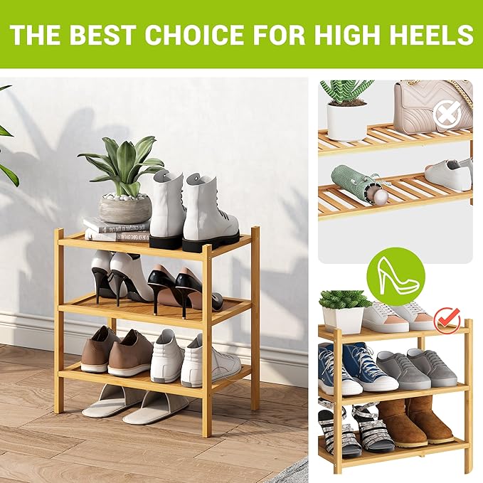 BMOSU 3-Tier Bamboo Small Shoe Rack Premium Stackable Shoe Shelf Storage Organizer for Hallway Closet Living Room Entryway Or