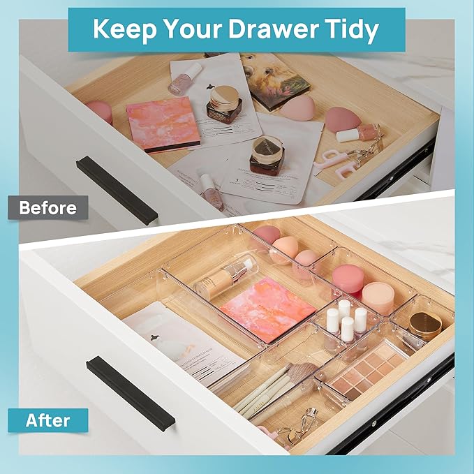 Vtopmart 10 Pcs Makeup Drawer Organizer Bins Set, 4 Size Plastic Makeup and Vanity Organizer Trays, Clear Acrylic Vanity Stor
