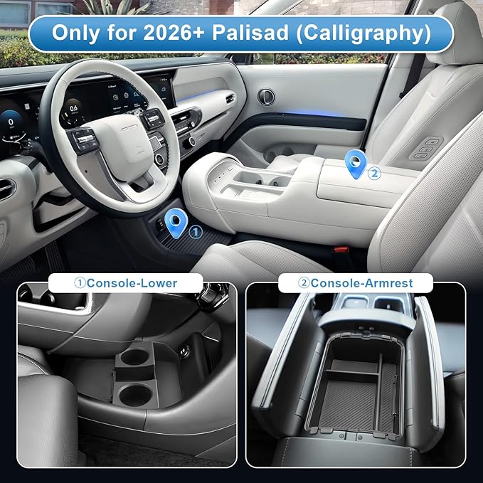 (3Pack) 2026 Palisade Center Console Organizer for Hyundai Palisade (Only fit Calligraphy)(Lower&Console Organizer Double-Layer), Durable ABS Plastic Console Tray 2026 Palisade Accessories