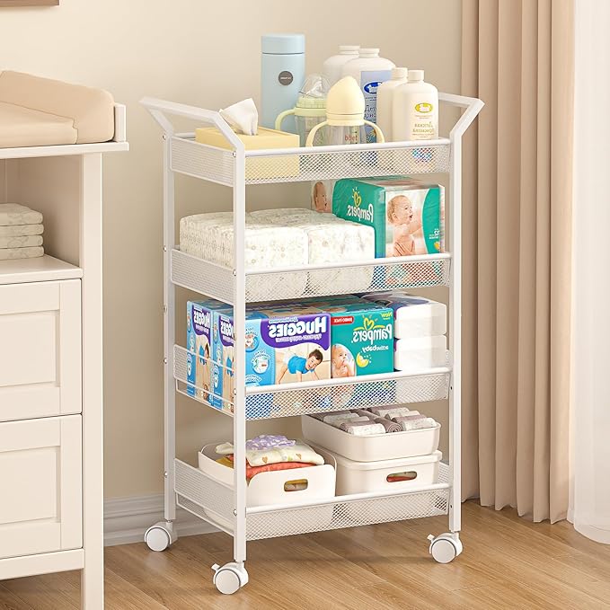 2 Pack Baby Diaper Caddy Cart, 4-Tier Diaper Caddy Organizer and Storage, Rolling Utility Cart for Baby Supplies, Diaper Cart
