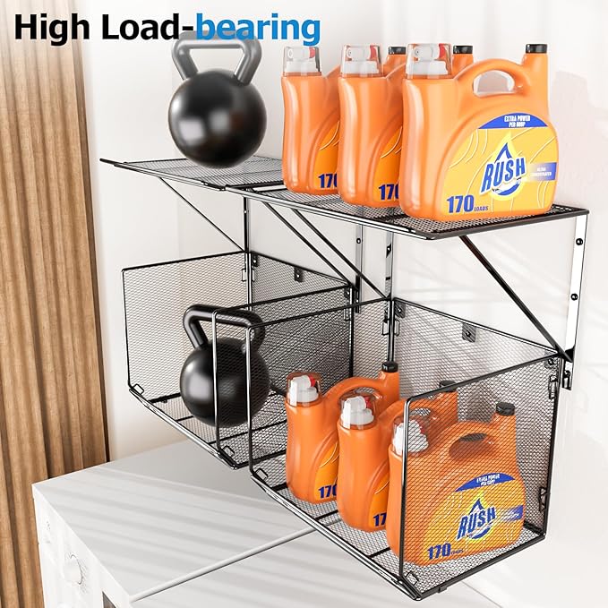 2 Pack Laundry Room Shelves Organization and Storage,Wall Mounted Clothes Drying Rack with Wire Mesh Basket Over Washer and D