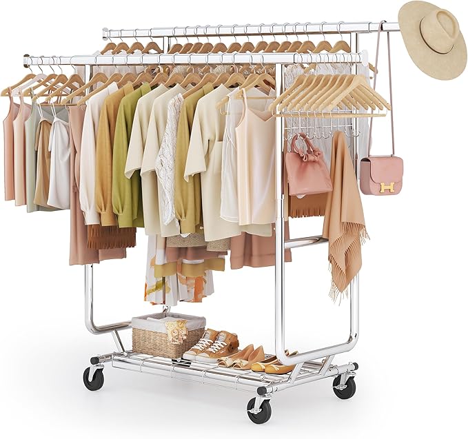 Gewudraw Heavy Duty Clothes Rack Load 900 Lbs, Double Rod Rolling Clothing Rack With Sturdy Wheel And Shelves，Adjustable Port
