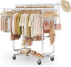 Gewudraw Heavy Duty Clothes Rack Load 900 Lbs, Double Rod Rolling Clothing Rack With Sturdy Wheel And Shelves，Adjustable Port