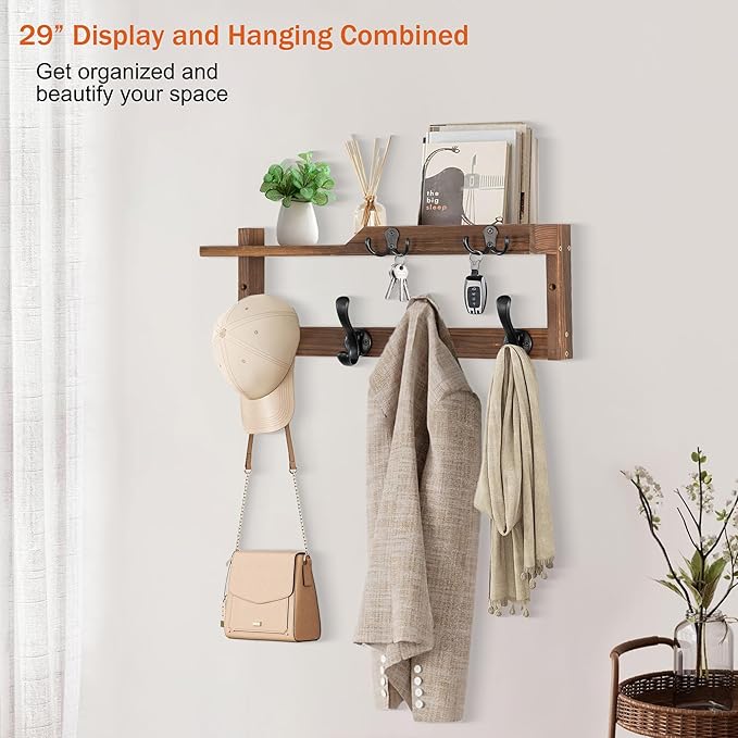 dreampossible Coat Rack Wall Mount with Shelf, Coat Hanger Wall Mount with Key Hooks and Mail Holder, Wood Entryway Floating 
