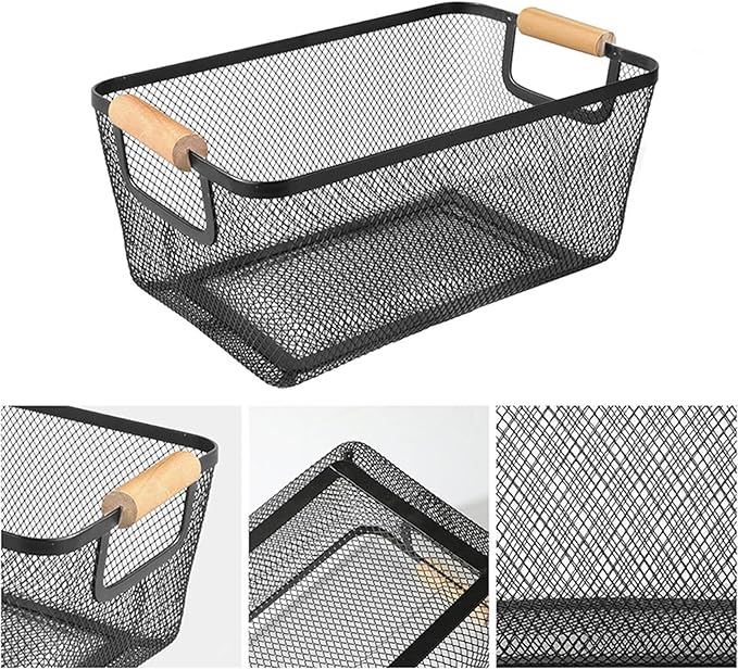 AJIODA Metal Mesh Steel Basket, Medium Wire Storage Organizer Basket Multi-function Hanging Kitchen Basket with Wood Handle f