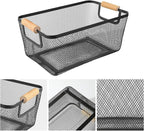 AJIODA Metal Mesh Steel Basket, Medium Wire Storage Organizer Basket Multi-function Hanging Kitchen Basket with Wood Handle f