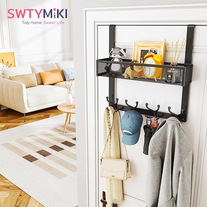 SWTYMIKI Over The Door Hook with 16 Hooks & Mesh Baskets - Heavy Duty Over The Door Organizer Hanger for Towels, Coats, Cloth