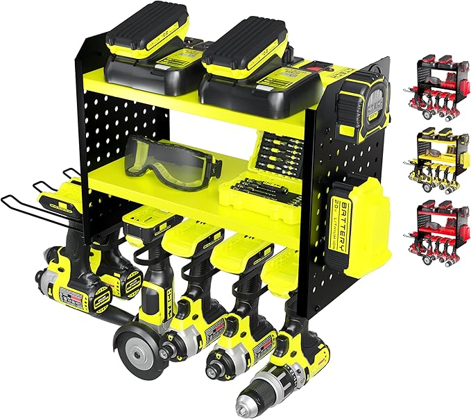 BUILTSTRONG Power Tool Organizer - 6 Drill Holder Wall Mount, 3-Tier Heavy-Duty Hand Tool Storage Rack With 2 Pegboard Sides 