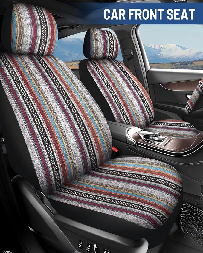Baja Saddle Blanket Car Seat Covers Full Set with Seat Belt Pads and Steering Wheel Cover, Washable Breathable Striped Woven 