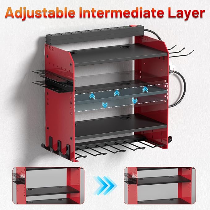 Power Tool Organizer Wall Mount with Charging Station, Garage 4 Drill Storage Shelf with Cordless Tool Holder, Heavy Duty Rac