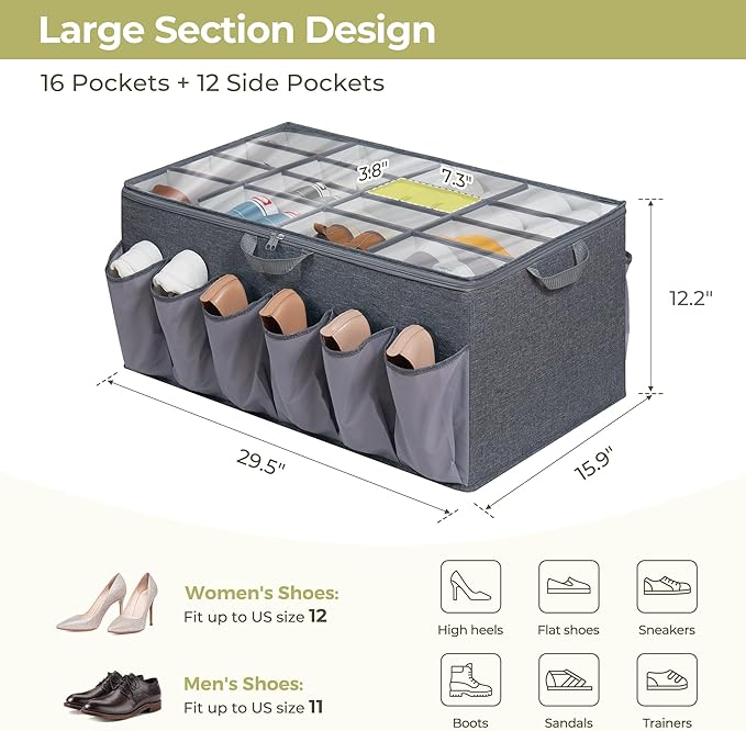 Shoe Organizer for Closet, Shoe Storage Solution with Clear Cover & Adjustable Dividers, Fabric Shoe Box Fits 16 +12 Pairs Sh