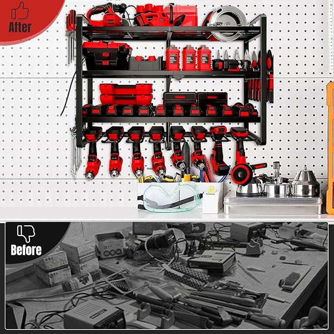 Large Power Tool Organizer Wall Mount, 4 Layer Heavy Duty 8 Cordless Drill Holder Tool Storage Rack, Load 400lbs Utility Powe